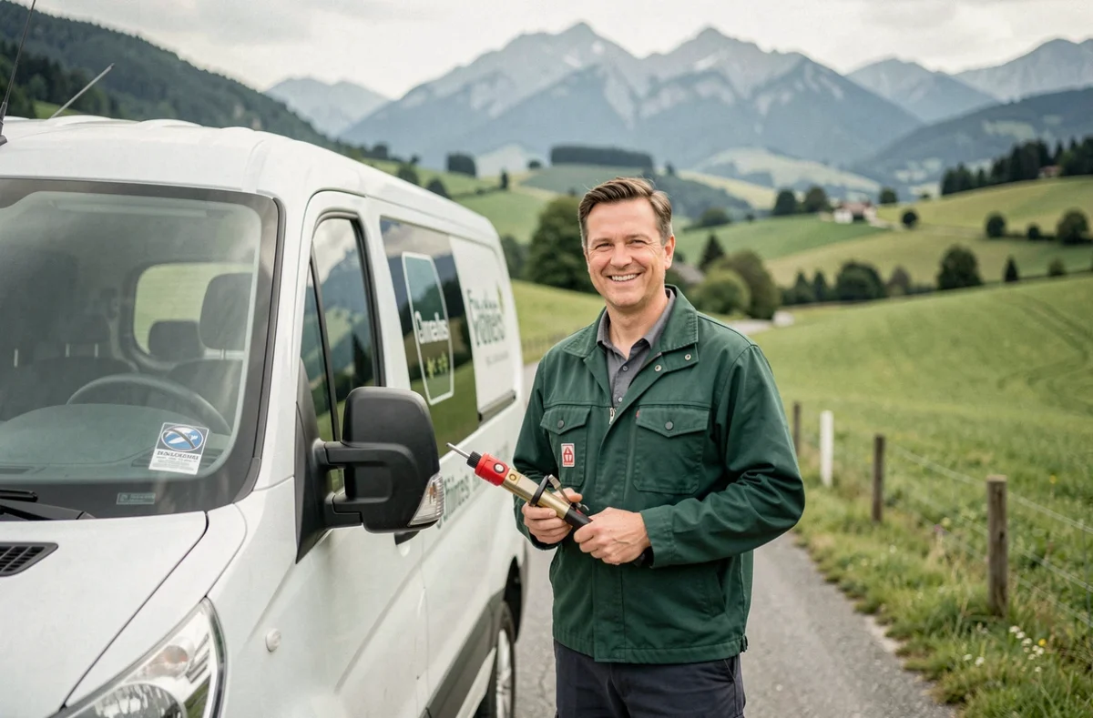 Serrurier Action Plus posant devant son véhicule sur une route rurale près de Chirens en Isère