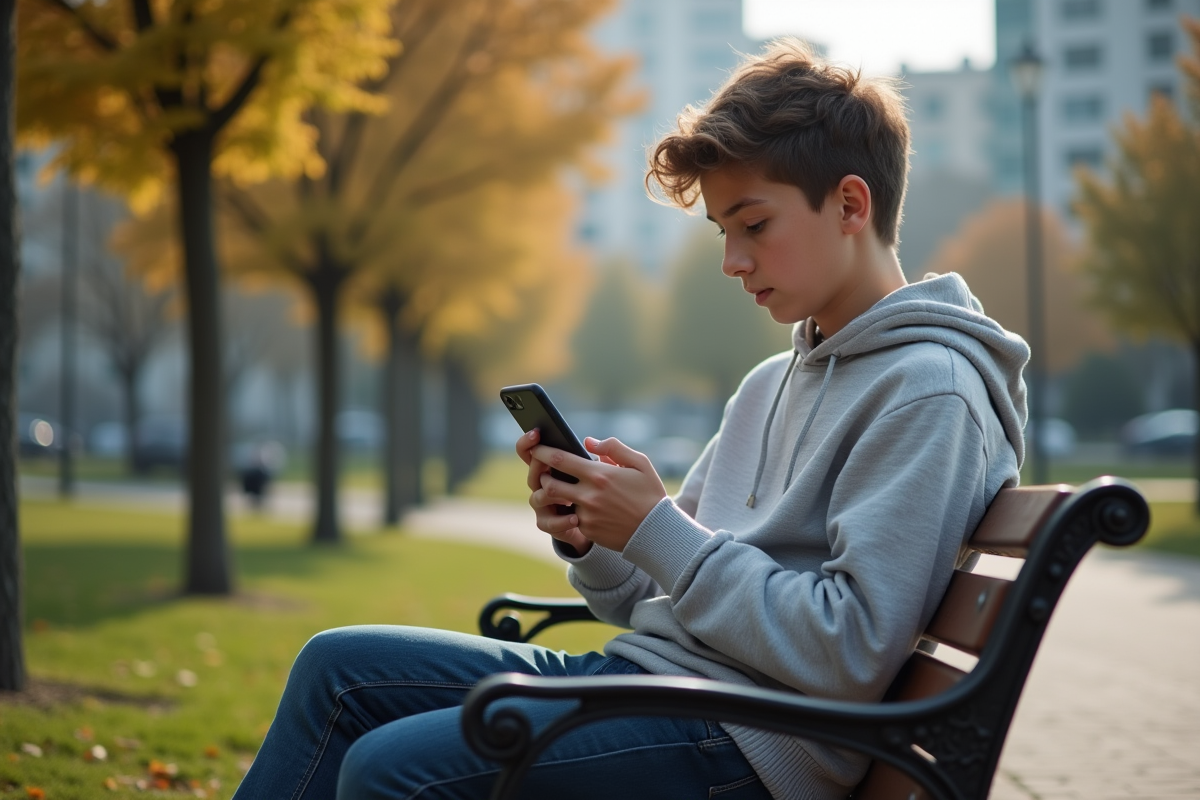 Adolescent dans un parc utilisant son smartphone en extérieur