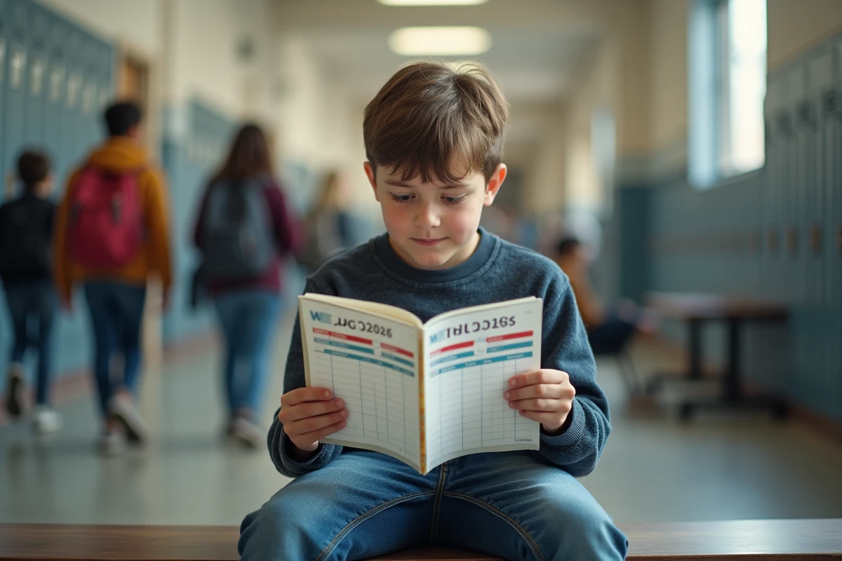 Adolescent dans le couloir avec agenda 2026 et stickers