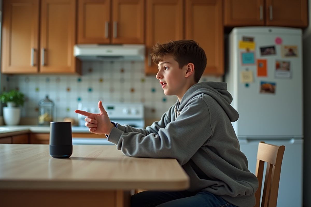 Adolescent utilisant un assistant vocal dans la cuisine