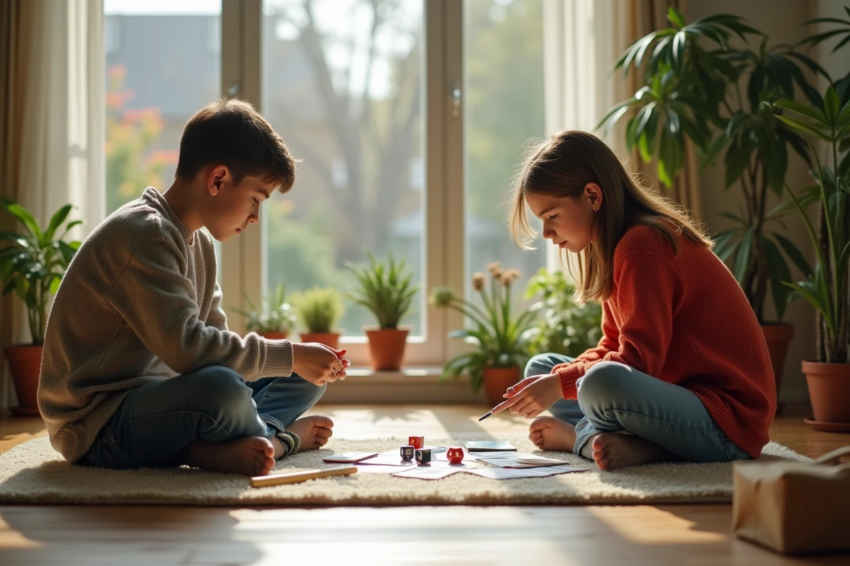 Deux adolescents inventant des règles pour un jeu de dés dans une véranda lumineuse