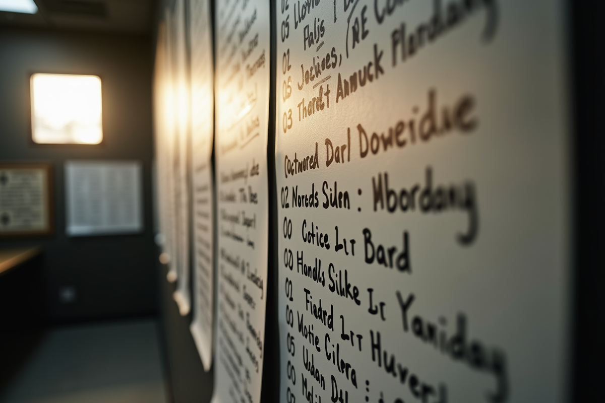 Mur de coulisses avec programmes et setlists de concert