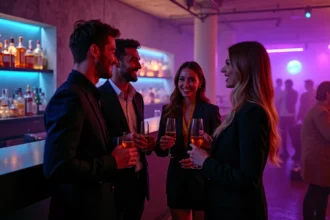 Groupe de jeunes professionnels en afterwork dans une boîte électro parisienne, ambiance club underground avec néons violets et béton brut