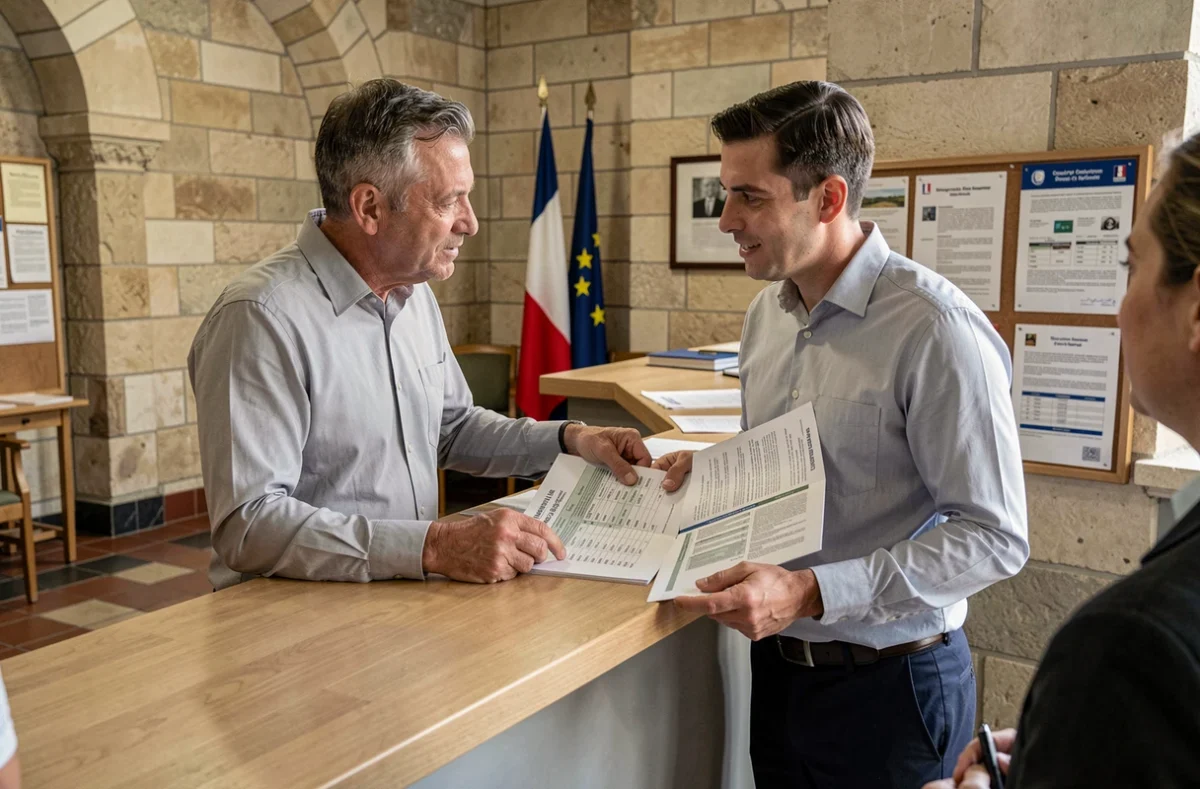 Agent de la fonction publique territoriale expliquant une grille de primes et de rémunération à la mairie