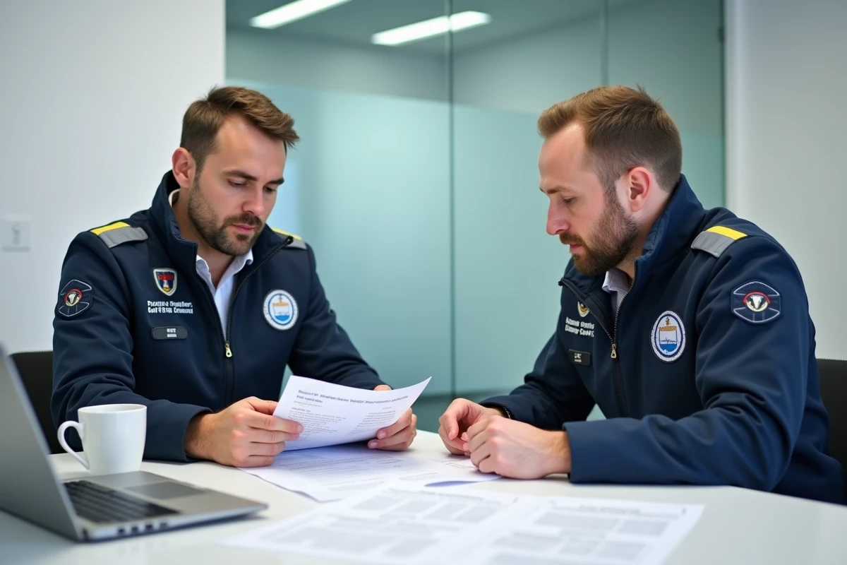 Agents de contrôle examinant des rapports de conformité gaz dans un bureau à Lyon