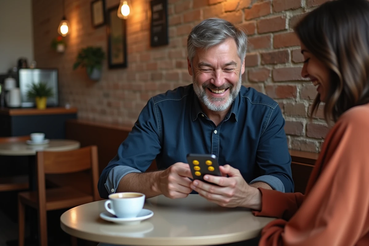 Deux amis dans un café qui rient en regardant des combinaisons d'emojis de remerciement sur un téléphone portable