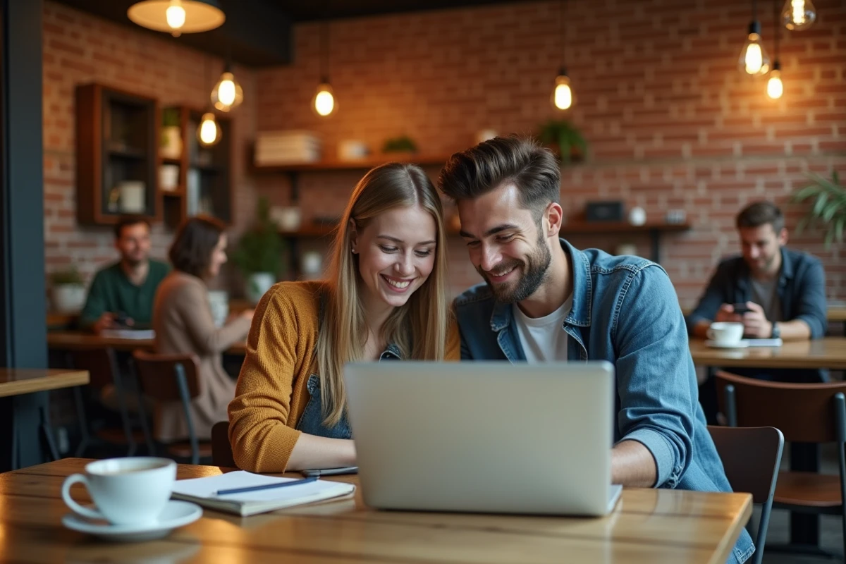 Deux amis découvrant ensemble un site de film du jour sur un ordinateur portable dans un café avec briques apparentes
