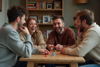 Groupe d'amis riant en jouant à un jeu de société dans un salon chaleureux