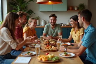 Groupe d'amis rieurs autour d'un repas convivial à la maison
