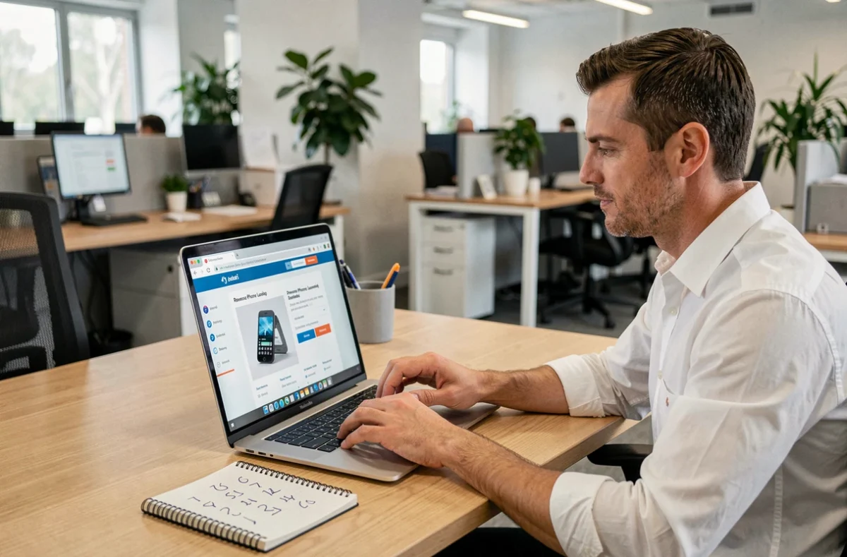 Homme utilisant un annuaire inversé en ligne sur son ordinateur portable au bureau