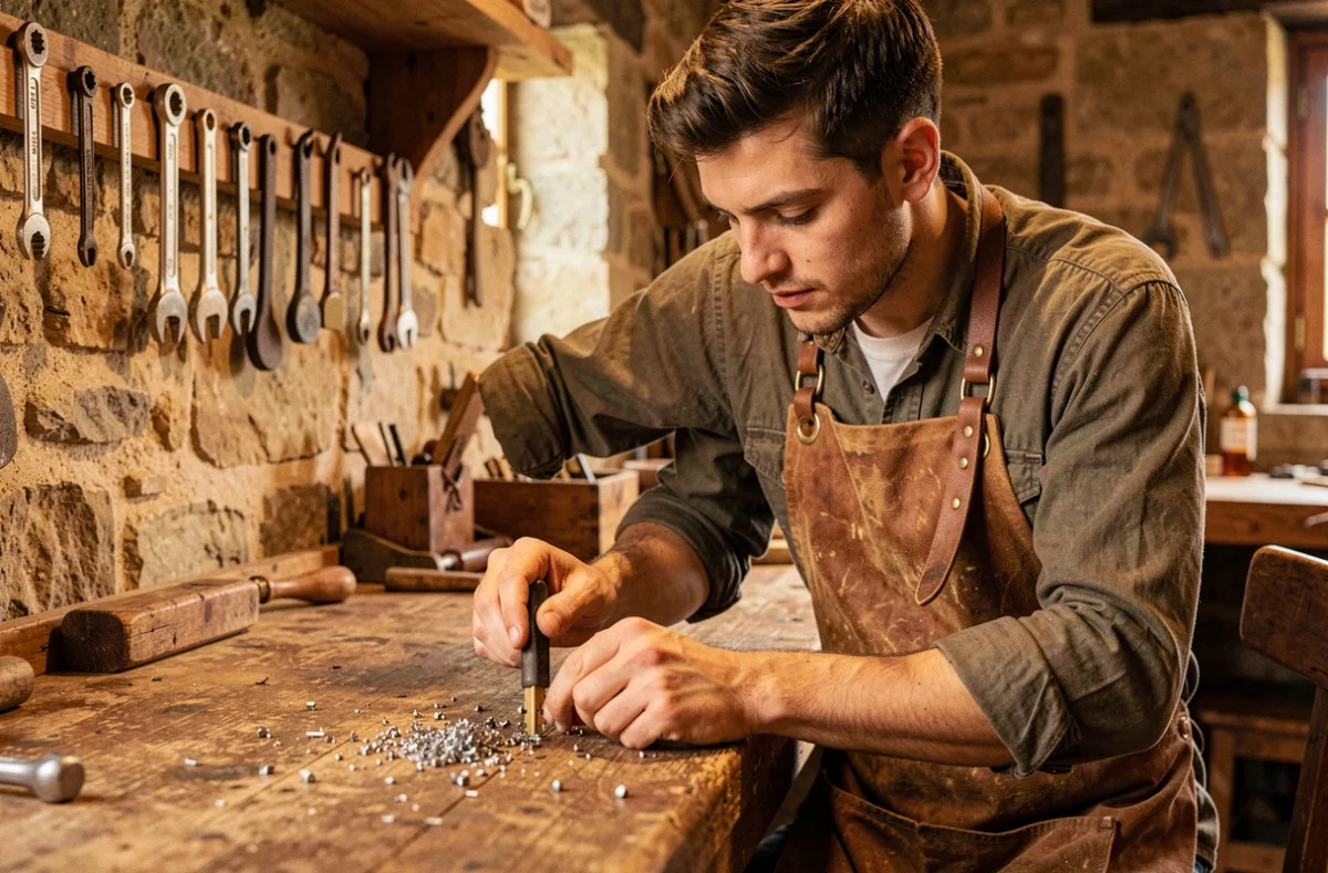 Artisan serrurier Antoine Bouvier travaillant manuellement sur une clé dans son atelier à La Murette