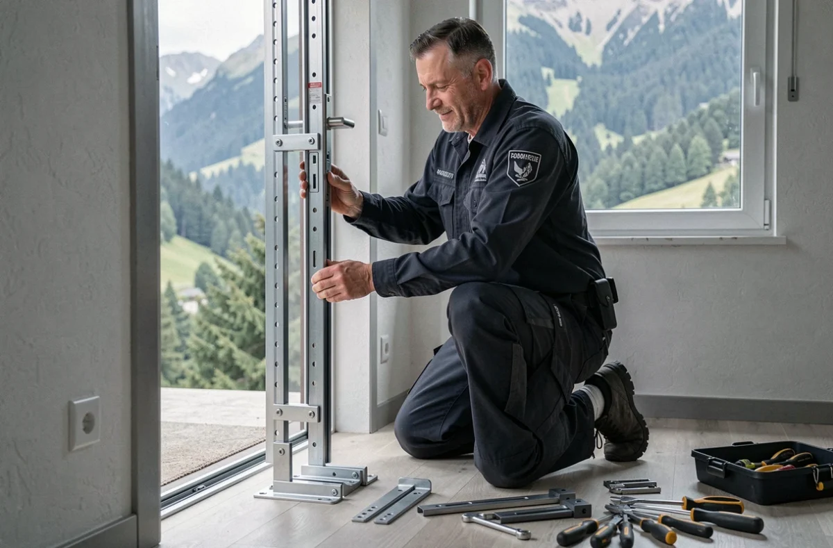 Technicien Aph Alpes Protec Habitat posant un cadre de porte renforcé dans une habitation en Isère
