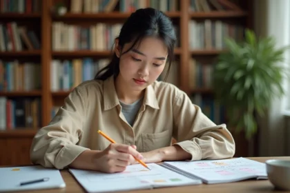 Femme apprenant la sémantique lexicale avec des cahiers de notes et des cartes de mots associés sur un bureau en bois