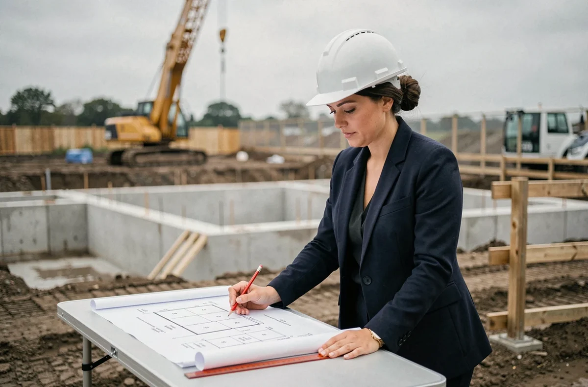 Architecte sur chantier convertissant des hectares en mètres carrés sur des plans de construction