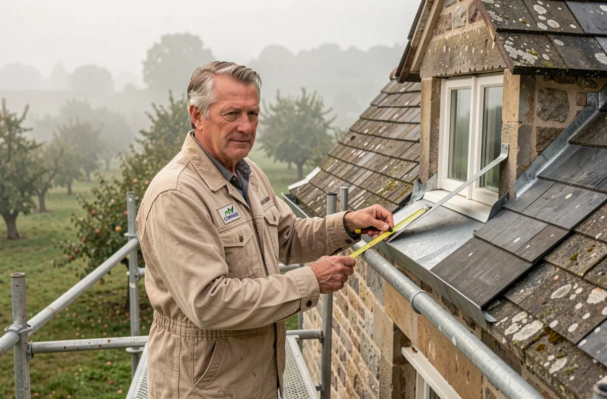 Artisan couvreur de BMJ Toiture Boglioni mesurant un solin en zinc pour une lucarne sur une ferme normande en pierre