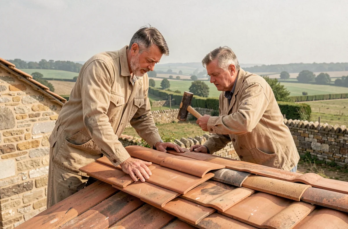 Deux artisans des Artisans Sarthois posant des tuiles plates en terre cuite sur la toiture d'une ferme en pierre de la région Sarthoise