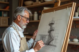 Artiste dessinant un escalier impossible à la manière d'Escher dans un atelier aux murs de briques couverts de plans géométriques