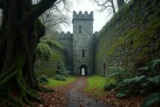 Site médiéval fortifié d'ASPOLT au Kerfent entouré de forêt bretonne avec des murs en granit couverts de mousse et de lierre