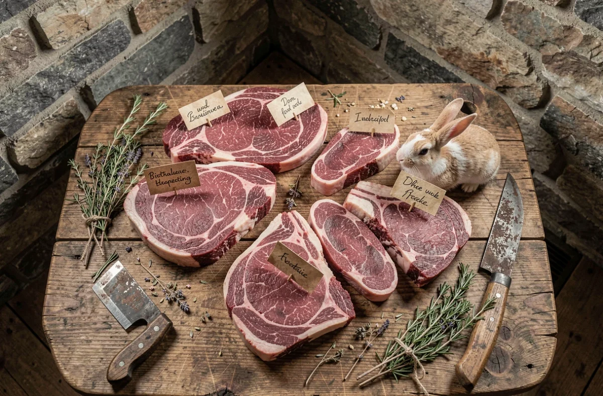 Assortiment de viandes sauvages sur une table de boucher en bois, représentant les ressources de chasse pour optimiser l'XP Chasseur dans Dofus