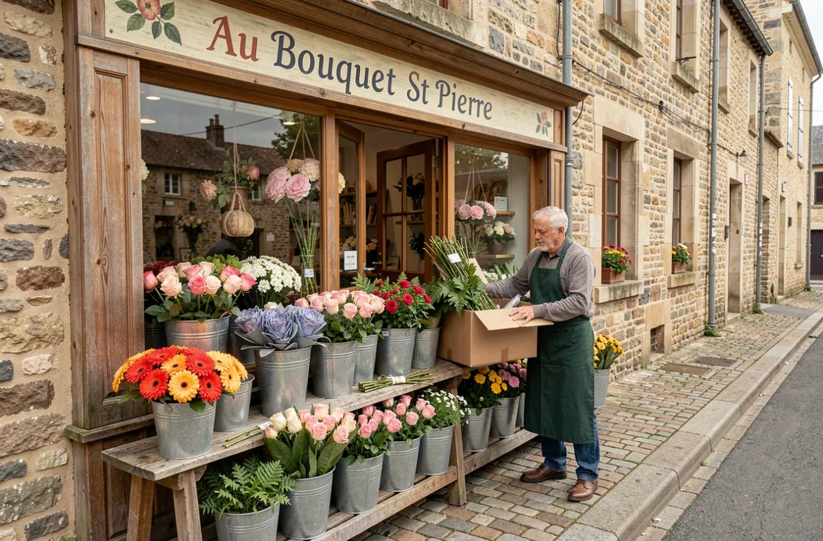 Devanture traditionnelle du fleuriste Au Bouquet St Pierre à Verberie avec des fleurs fraîches en exposition extérieure