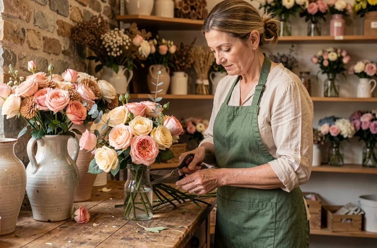 Fleuriste arrangeant un bouquet de roses dans la boutique Au Jardin Fleuri à Sainte-Geneviève