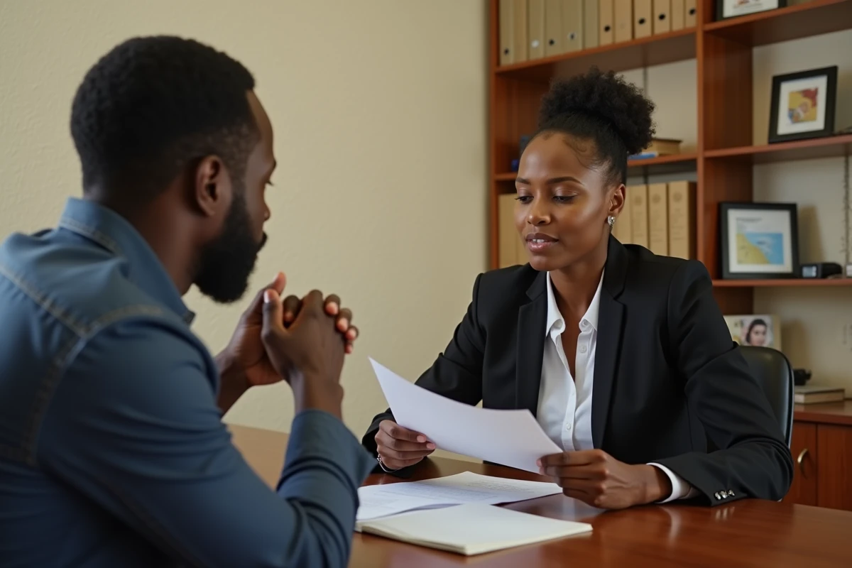 Avocate en consultation avec un client dans un cabinet juridique aux Antilles, dans le cadre d'un recours légal pour insulte en créole au travail