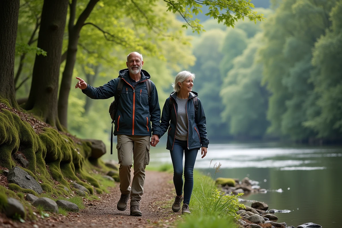 Couple en randonnée le long d'une rivière boisée dans l'Ain lors d'une balade nature en week-end