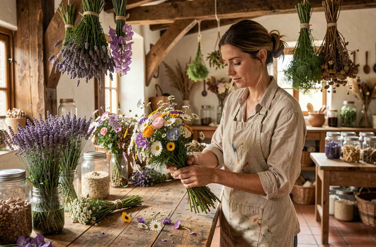 Fleuriste artisan Bérangère assemblant un bouquet champêtre à la main dans sa boutique de Gouvieux