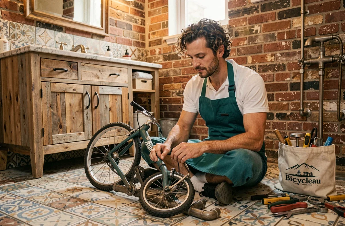 Plombier Bicycleau examinant une installation de plomberie artisanale dans une salle de bain au style vintage
