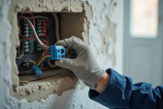 Électricien professionnel installant une borne de connexion électrique dans une boîte de dérivation murale lors d'une rénovation d'appartement