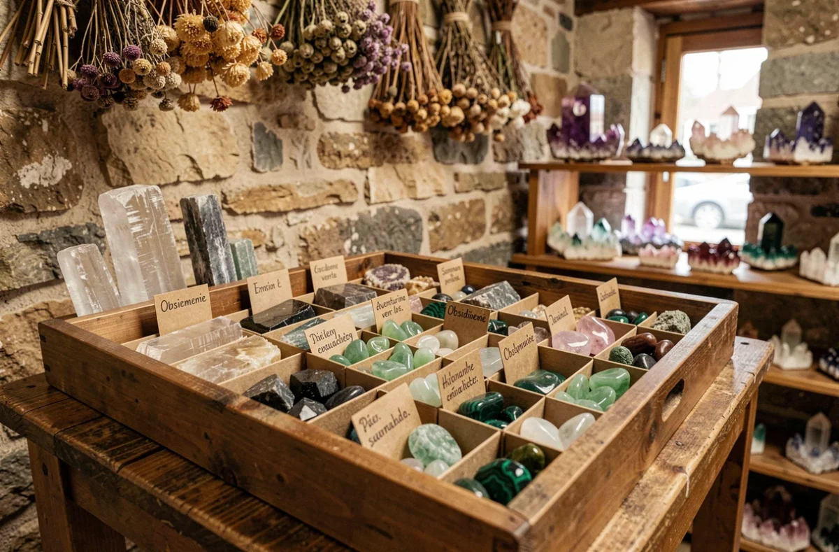 Plateau de pierres naturelles brutes et polies avec étiquettes manuscrites dans une boutique de cristaux artisanale, incluant sélénite, obsidienne et malachite