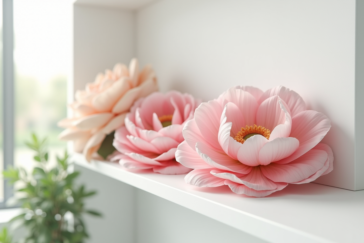 Coin bureau avec display floral sur étagère blanche