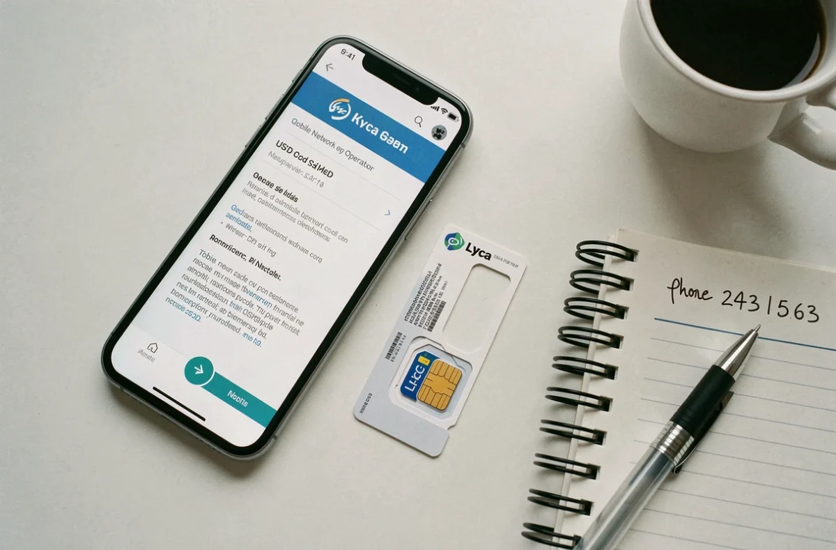 Vue de dessus d'un bureau avec un smartphone affichant un menu USSD Lyca, une carte SIM et un numéro noté à la main dans un carnet