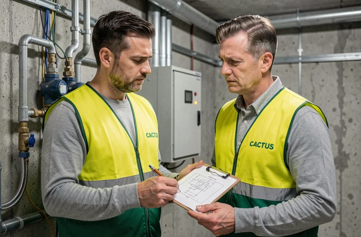 Technicien CACTUS Plomberie et Électricité inspectant un tableau de distribution dans une chaufferie