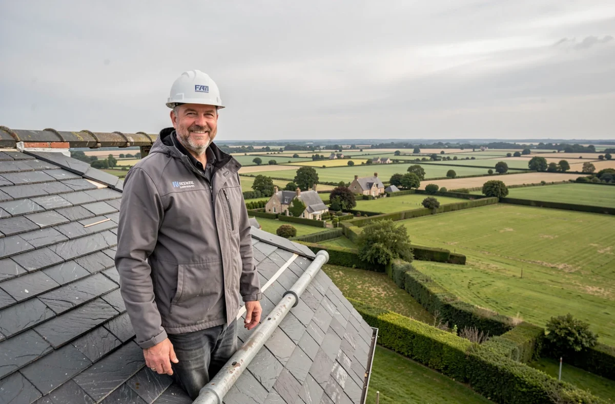 Chef de chantier de Champlain Couverture supervisant un chantier de toiture en ardoise achevé sur une maison de campagne normande