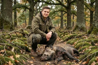Chasseur accroupi près d'un sanglier dans une forêt automnale, illustrant la chasse de viandes pour l'XP dans Dofus