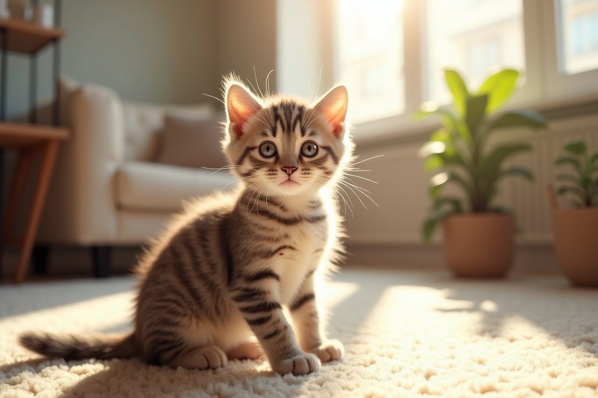Chaton british shorthair joueur dans un salon lumineux