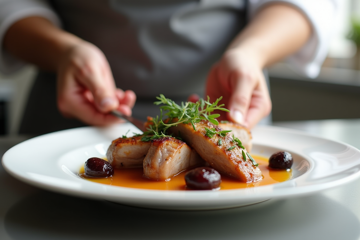 Chef dressant un plat de lapin aux prunes en cuisine moderne