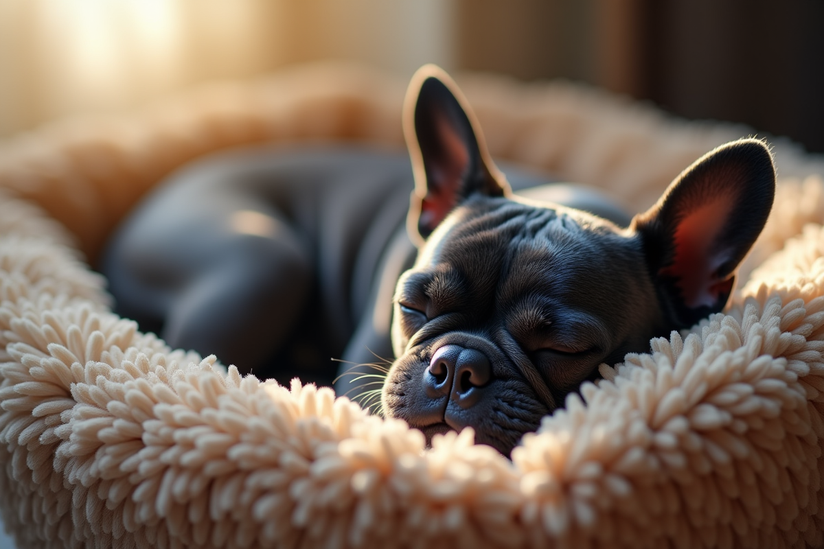 Chiot bulldog français endormi dans un lit douillet