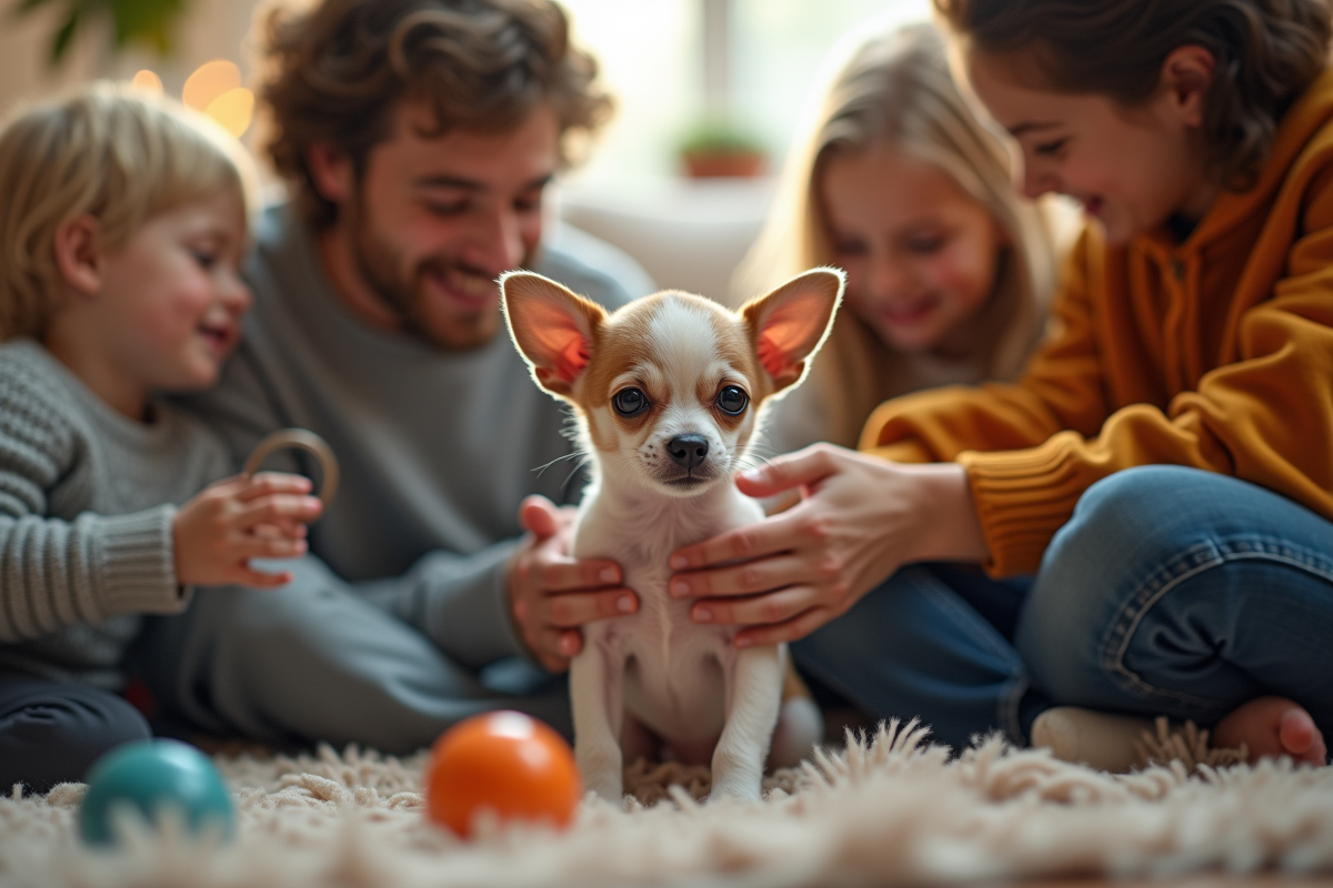 Chihuahua tenu par des adultes et enfants dans un salon chaleureux