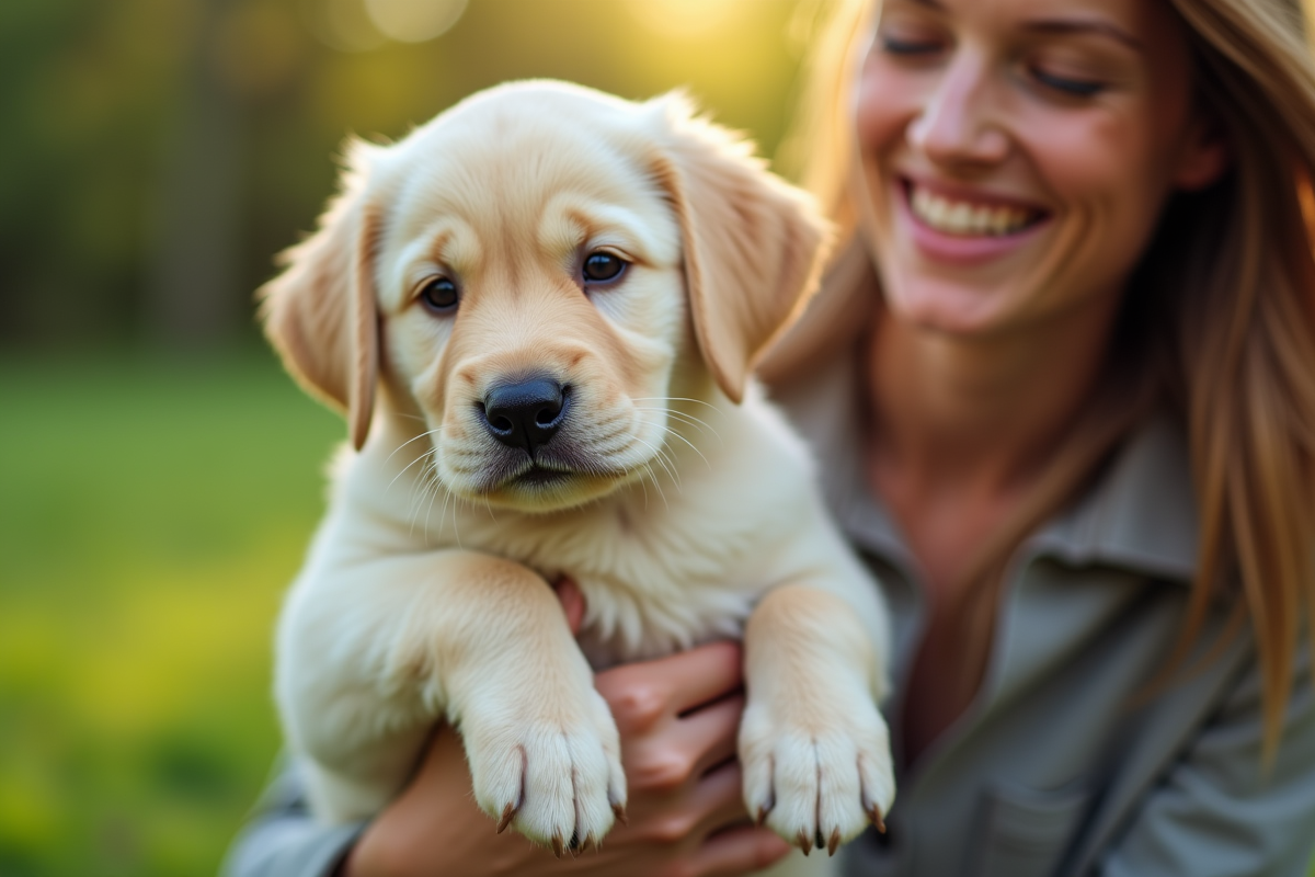 Chiot labrador jaune tenu par un adulte dans un parc en plein jour