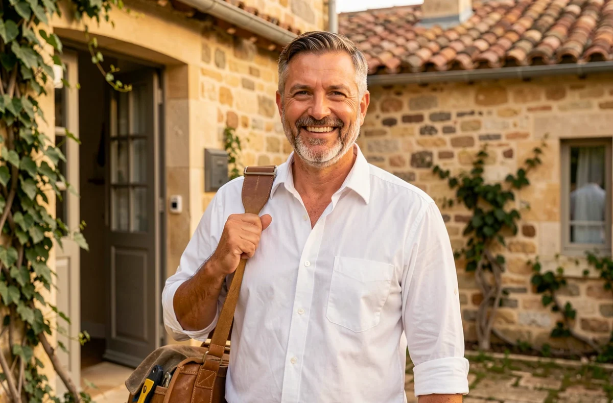 Christophe Bonhomme plombier indépendant souriant devant une maison en pierre de style aquitain