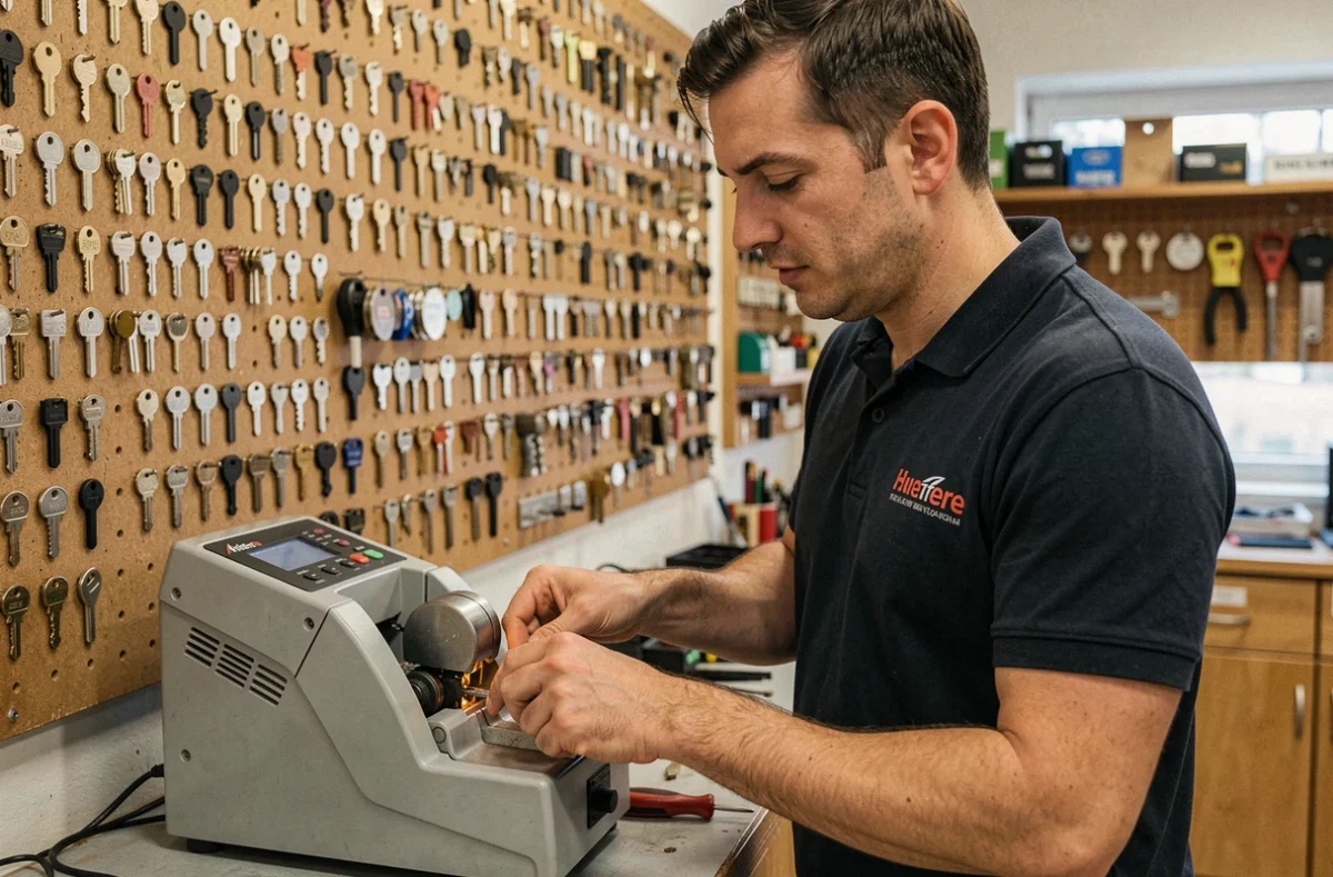 Technicien Clé Dauphinoise réalisant la reproduction d'une clé sur une machine professionnelle en Isère