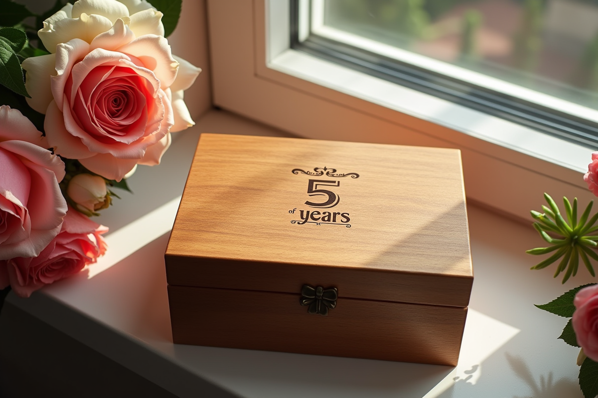 Coffret anniversaire 5 ans entouré de fleurs fraîches