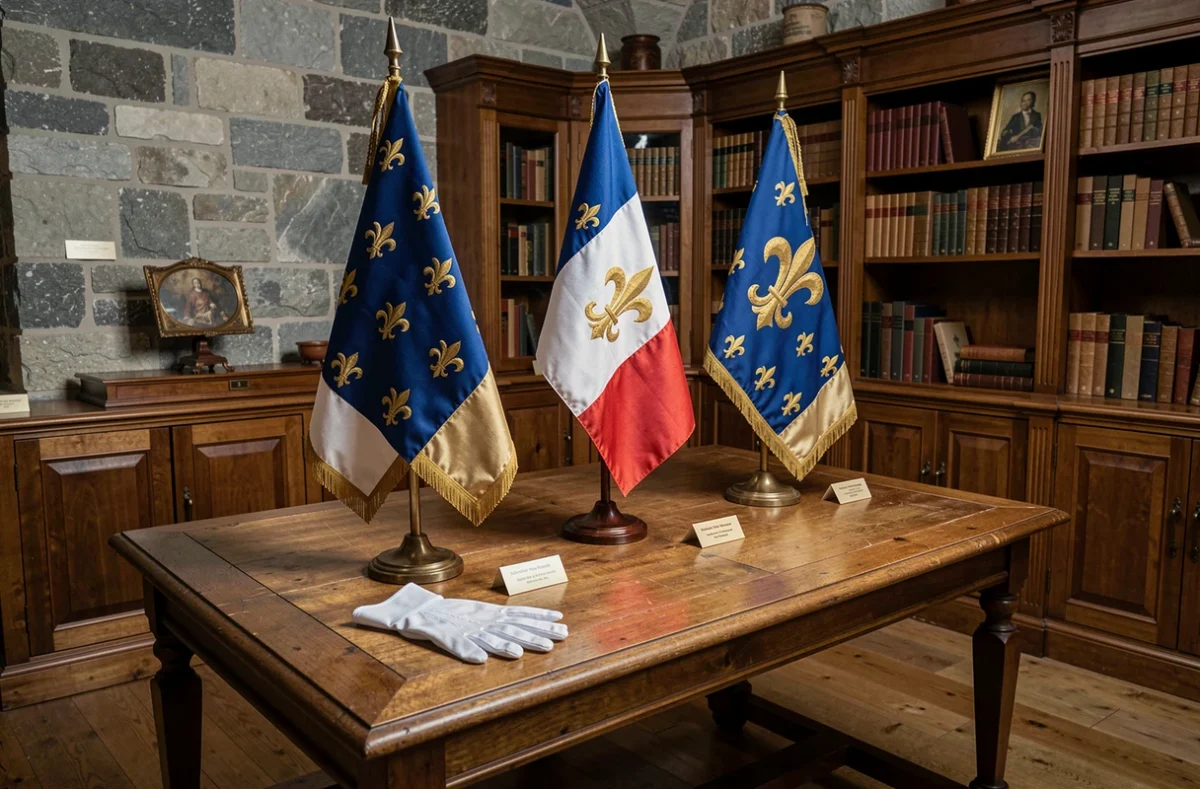 Trois drapeaux royaux français historiques sur des présentoirs en bois dans une salle de collection privée avec murs en pierre