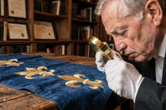 Collectionneur en gants blancs examinant un drapeau royal français fleur-de-lis antique avec une loupe, détail du tissu bleu et or