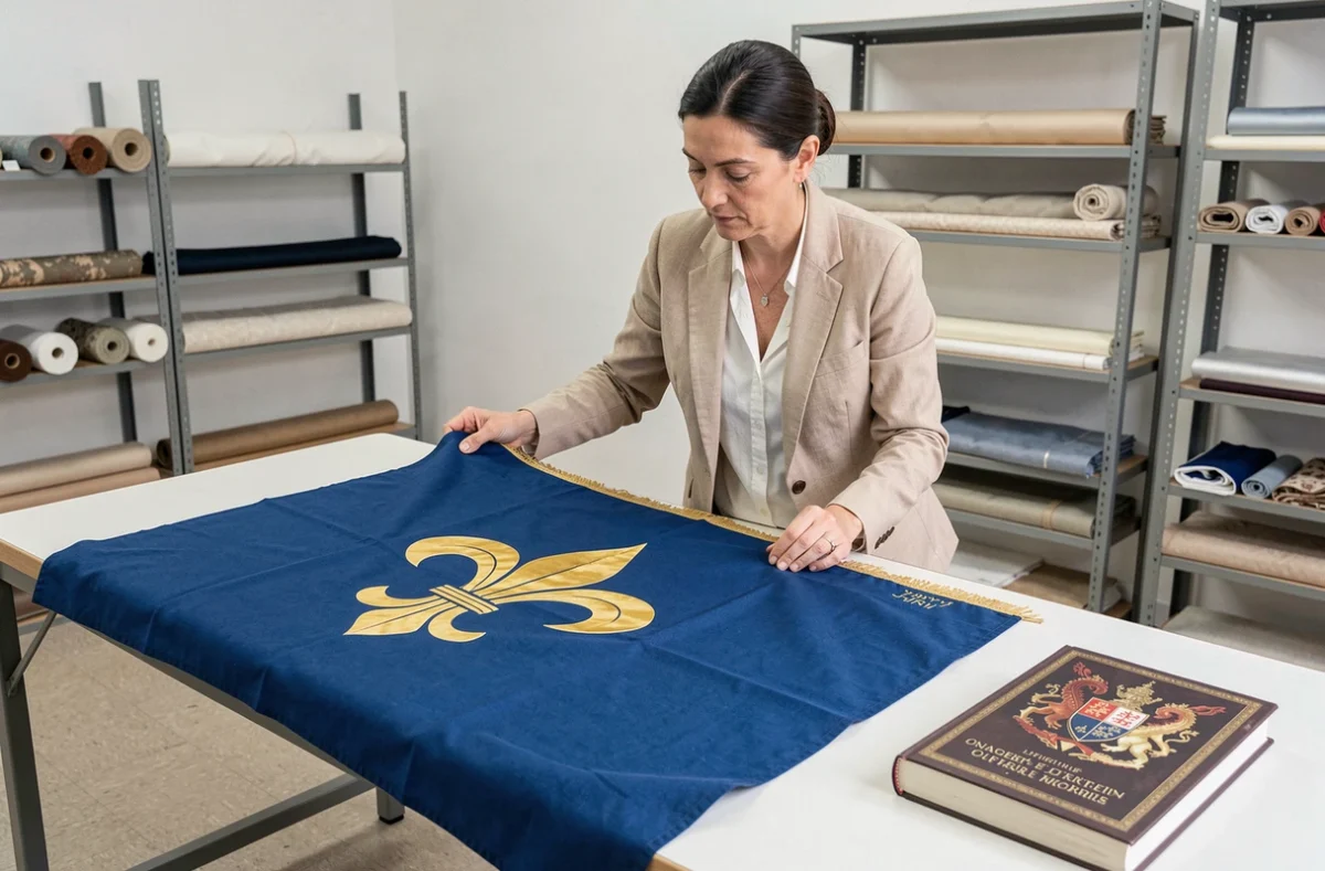 Collectionneuse professionnelle dépliant un drapeau royal français fleur-de-lis sur une table d'examen archivistique pour évaluer la qualité