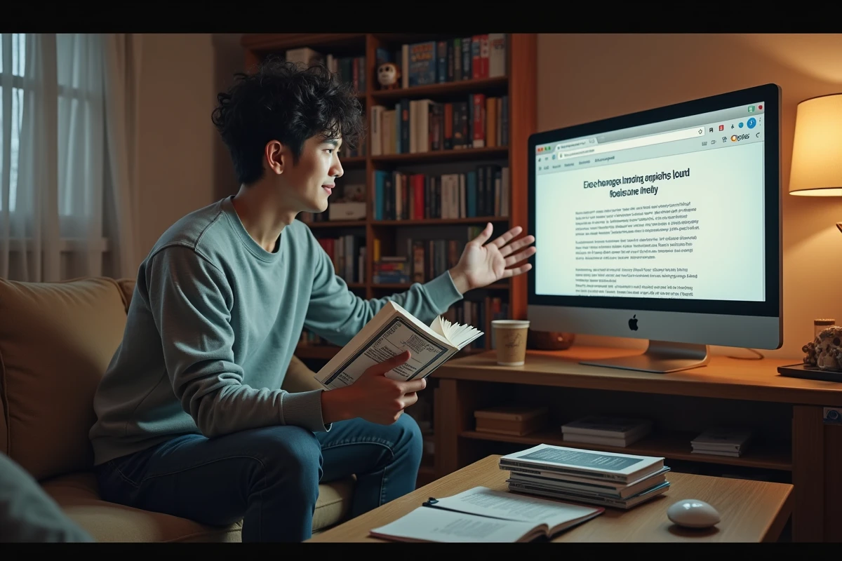 Homme comparant un manga physique avec des informations légales sur les droits d'auteur sur un écran d'ordinateur