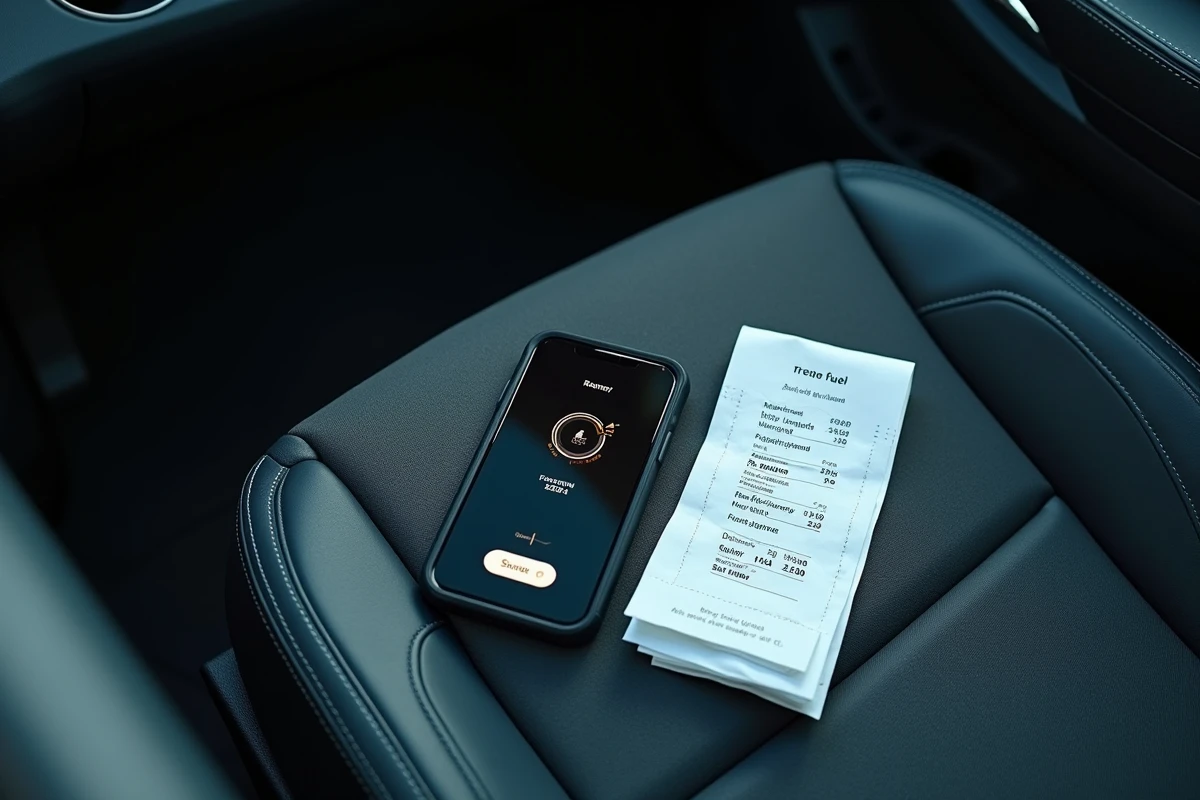 Tableau de bord de voiture avec jauge de carburant vide, smartphone affichant une comparaison de prix d'essence et ticket de station-service
