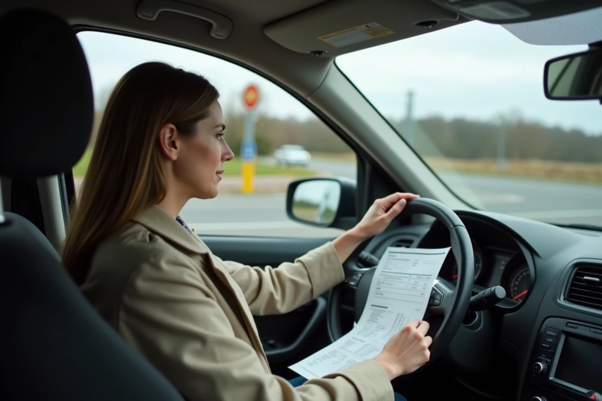 Femme au volant d'une voiture près de la frontière du Luxembourg consultant un ticket de carburant et une carte routière